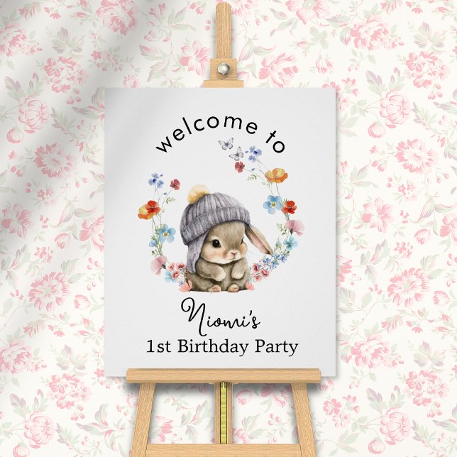 Affiche de bienvenue d'anniversaire de lapin sucré (Modern Colorful Sweet Bunny Birthday Welcome Poster 2)