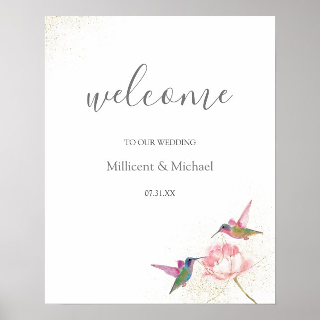 Affiche de bienvenue d'aquarelle d'or des colibris (Devant)