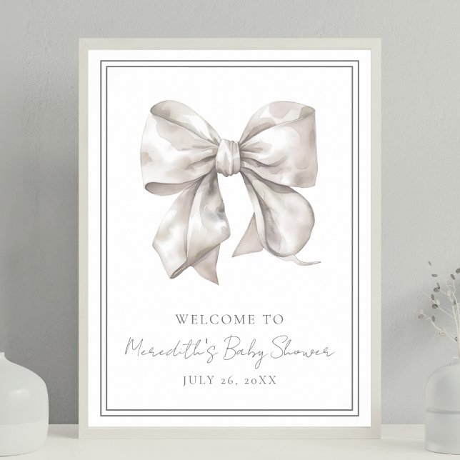Affiche de bienvenue de Baby shower blanc (White Bow Baby Shower Welcome Sign)