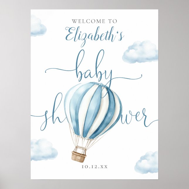 Affiche de bienvenue de Baby shower Blue Hot Air (Devant)
