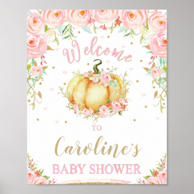 Affiche de bienvenue de Baby shower Citrouille ros (Devant)