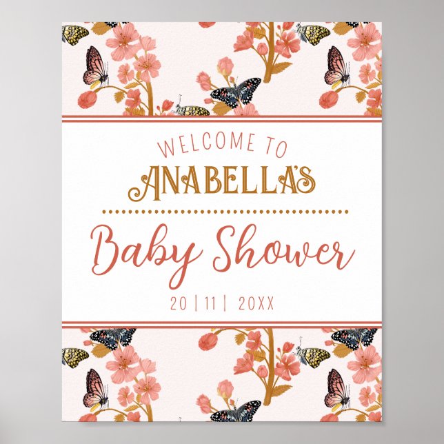 Affiche de bienvenue de Baby shower de papillon ro (Devant)