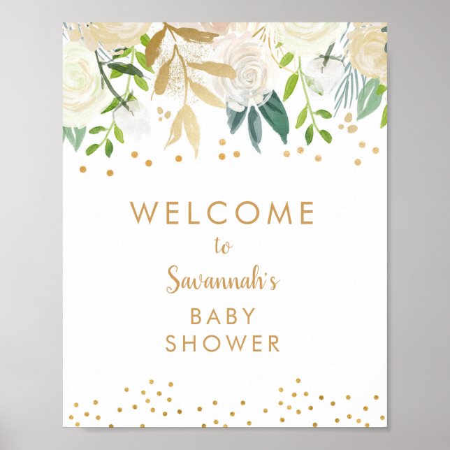 Affiche de bienvenue de Baby shower d'or floral bl (Devant)