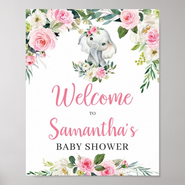 Affiche de bienvenue de Baby shower floral d'éléph (Devant)