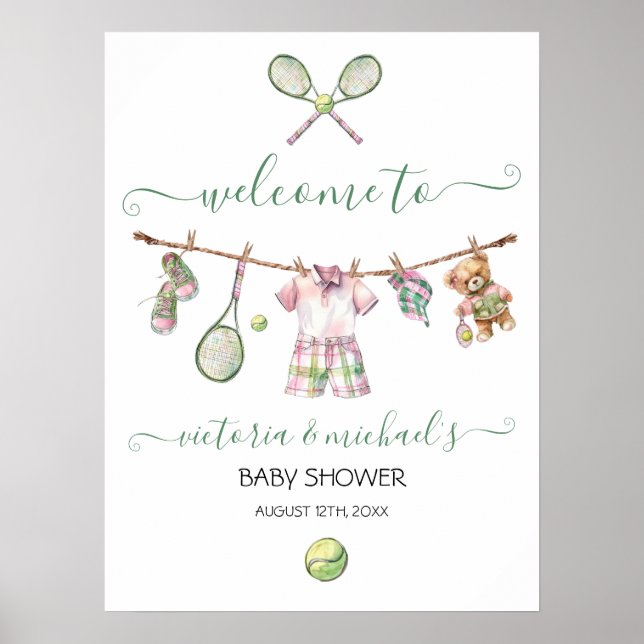 Affiche de bienvenue de Baby shower Preppy Tennis  (Devant)