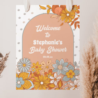 Affiche de bienvenue de Baby shower rétro à fleurs