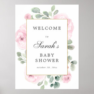 Affiche de bienvenue de Baby shower rose Eucalyptu