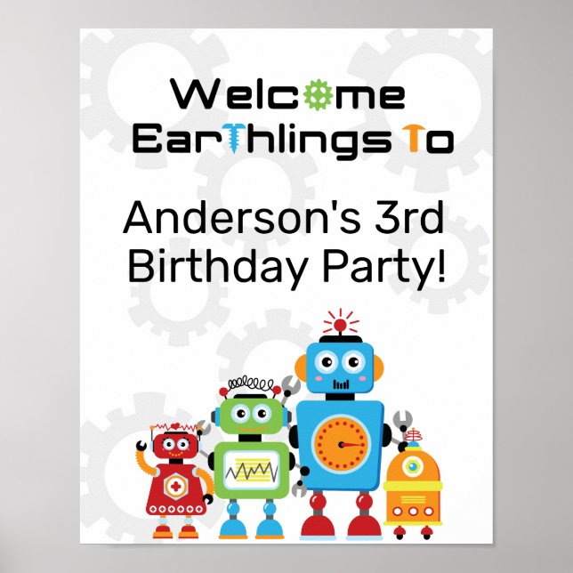Affiche de bienvenue de fête d'anniversaire roboti (Devant)
