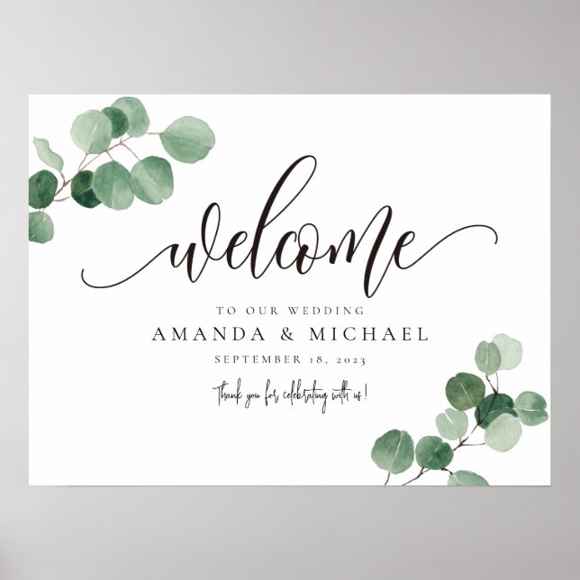 Affiche de bienvenue de feuilles d'eucalyptus vert (Devant)