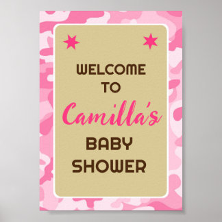 Affiche de bienvenue de la fête Camo rose modifiab