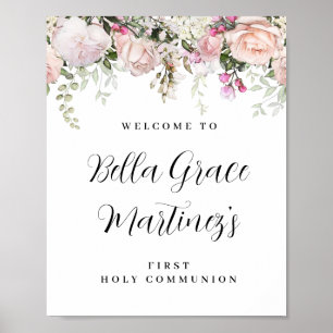 Affiche de bienvenue de la première communion rose