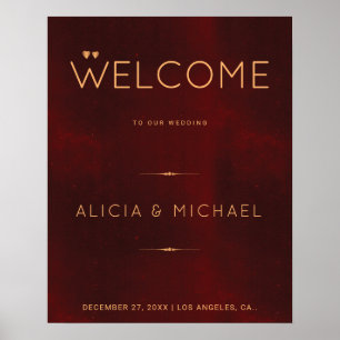 Affiche de bienvenue de mariage d'hiver rouge bord