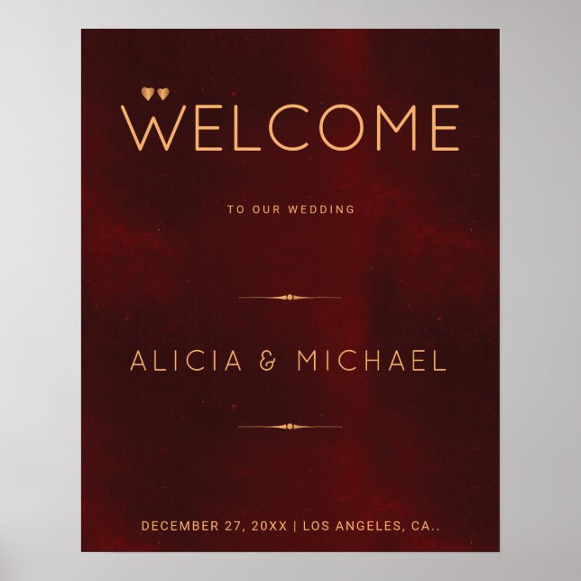 Affiche de bienvenue de mariage d'hiver rouge bord (Devant)