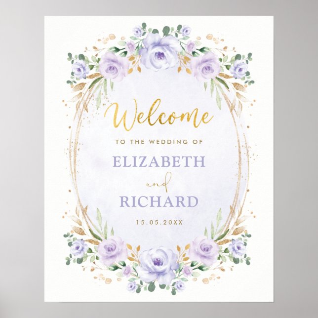 Affiche de bienvenue de mariage floral violet or é (Devant)