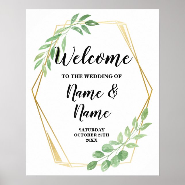 Affiche de bienvenue de mariage pancarte or feuill (Devant)