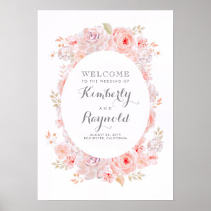 Affiche de bienvenue de mariage rose florale éléga