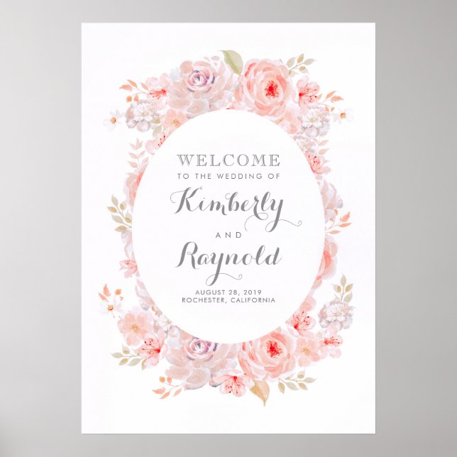 Affiche de bienvenue de mariage rose florale éléga (Devant)