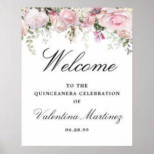 Affiche de bienvenue de Quinceanera Florale Rose b
