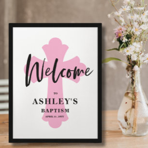 Affiche de bienvenue du baptême croisé rose