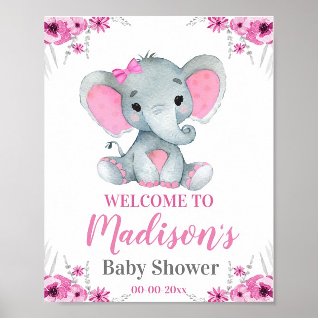 Affiche de bienvenue Eléphant Rose, Fille Douche R (Devant)