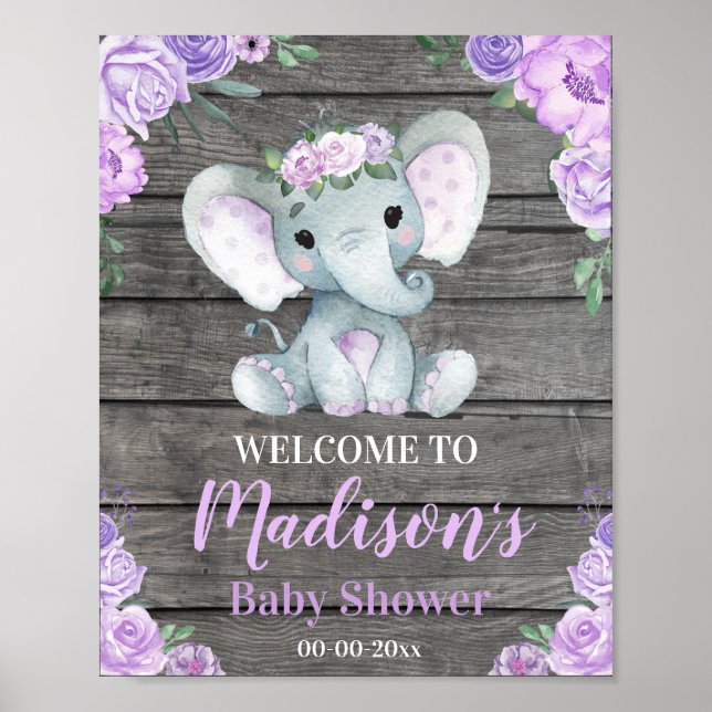 Affiche de bienvenue Eléphant Violet, Rose fille D (Devant)