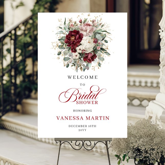 Affiche de bienvenue fleurs verdure or bohème Bour (Boho Burgundy Flowers Greenery Gold Welcome Poster)