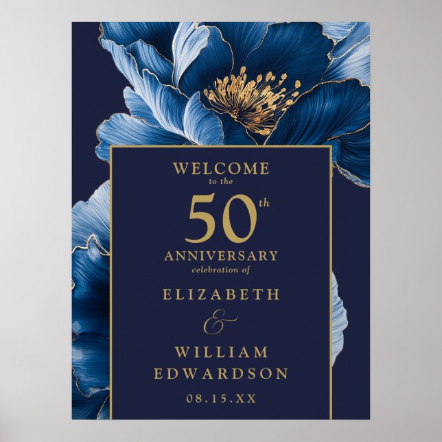 Affiche de bienvenue Florale Bleue Et Or 50e Anniv (Devant)
