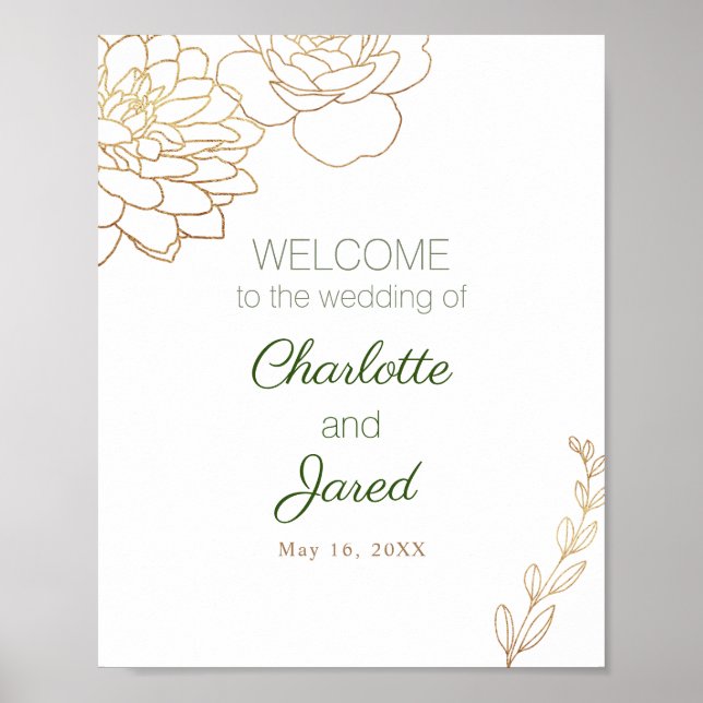 Affiche de bienvenue florale dorée en or (Devant)