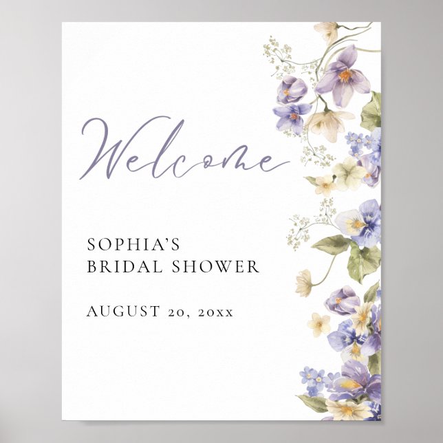 Affiche de bienvenue florale violette et blanche (Devant)