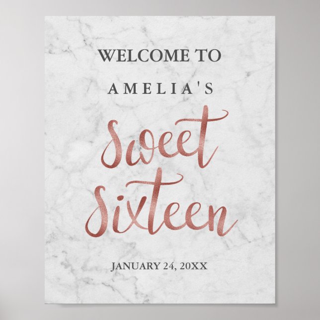 Affiche de bienvenue Marbre Faux Rose Sweet sixtee (Devant)