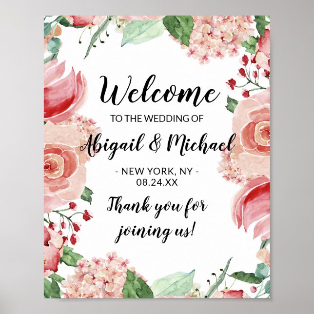 Affiche de bienvenue Mariage à l'aquarelle rose ch (Devant)