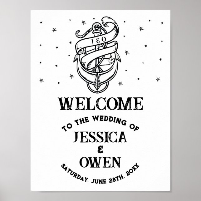 Affiche de bienvenue Mariage Ancre Coeurs traditio (Devant)