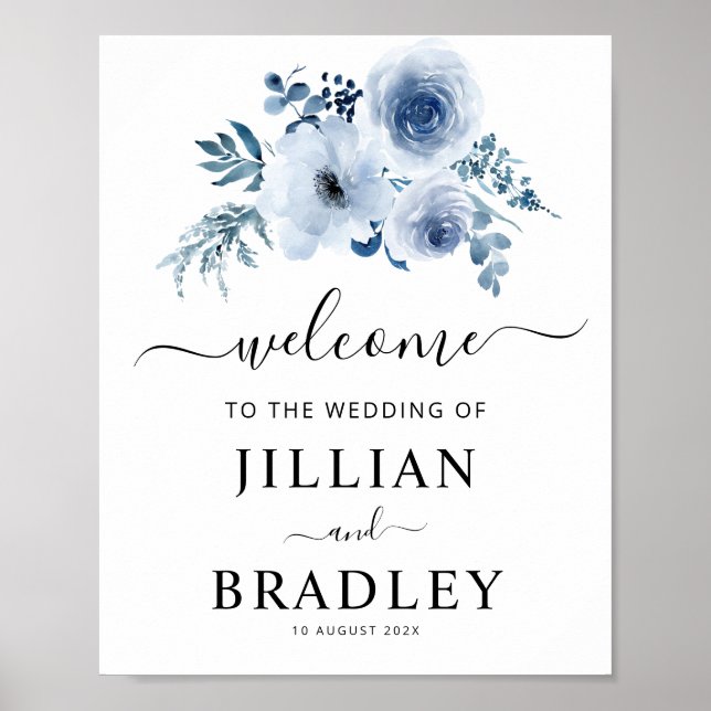 affiche de bienvenue mariage aux fleurs bleues pou (Devant)