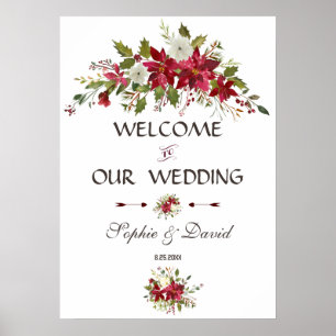 Affiche de bienvenue Mariage blanc rouge Poinsetti