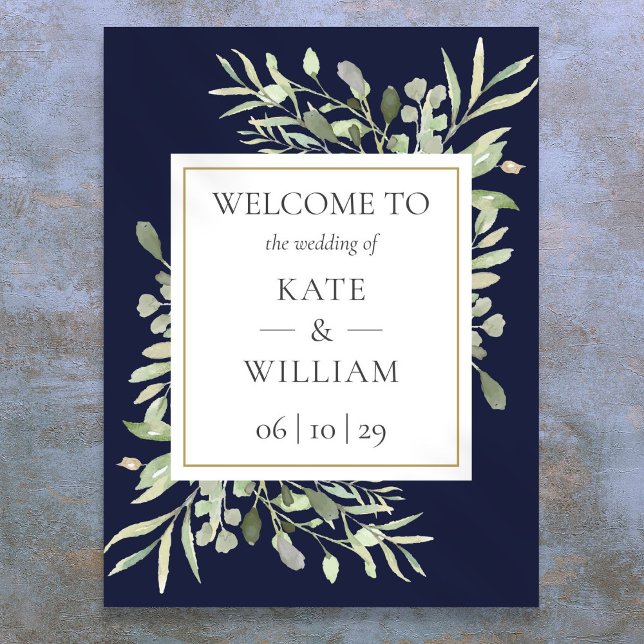 Affiche de bienvenue Mariage bleu de la Marine (Greenery Navy Blue Wedding Welcome Sign)