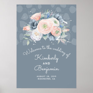 Affiche de bienvenue Mariage Blue Peach et Dusty R