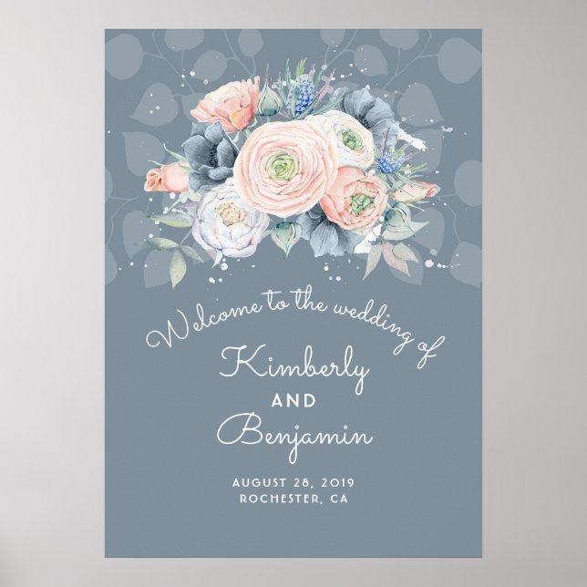 Affiche de bienvenue Mariage Blue Peach et Dusty R (Devant)