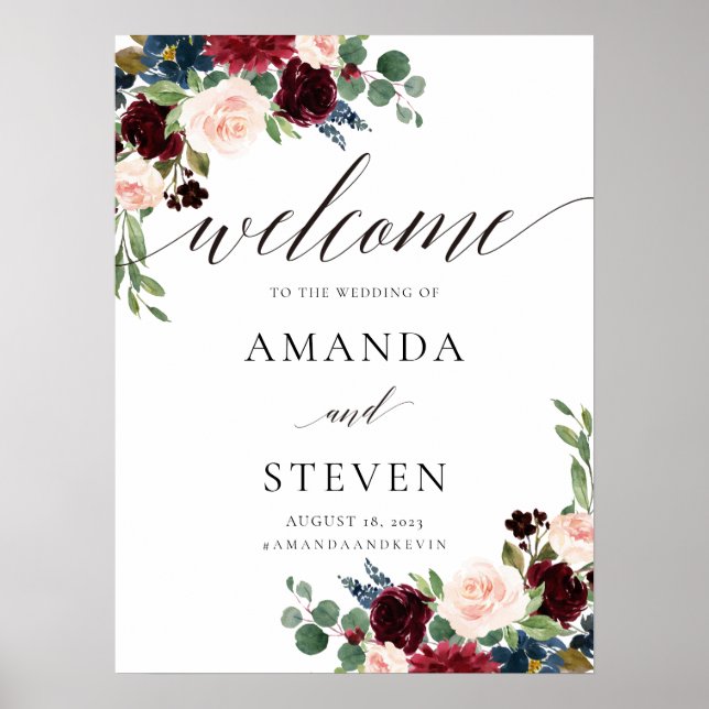 Affiche de bienvenue Mariage Burgundy Blush (Devant)