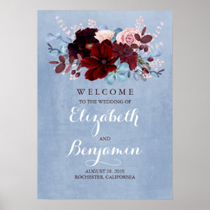 Affiche de bienvenue Mariage Burgundy et Dusty Blu
