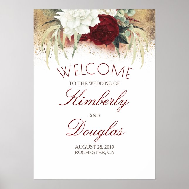 Affiche de bienvenue Mariage Burgundy Red et White (Devant)