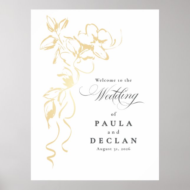 Affiche de bienvenue Mariage de fleurs d'or dessin (Devant)