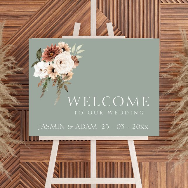 Affiche de bienvenue Mariage de Pêche verte rustiq (Rustic Green Peach Floral Wedding Welcome Sign)