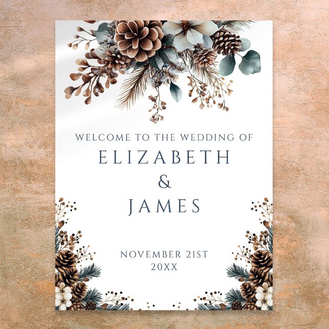 Affiche de bienvenue Mariage de Pinecone de Forêt  (Rustic Forest Pinecone Floral Wedding Welcome Sign)