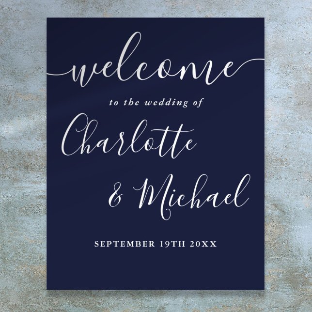 Affiche de bienvenue Mariage de script de signatur (Navy Blue Signature Script Wedding Welcome Sign)