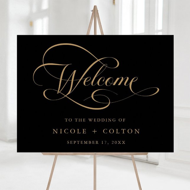 Affiche de bienvenue Mariage de script Gold & Blac (Créateur téléchargé)