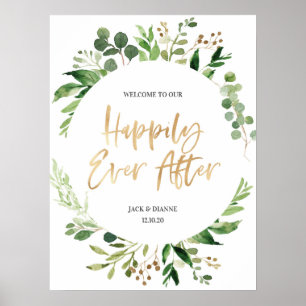 Affiche de bienvenue Mariage d'or vert heureux apr