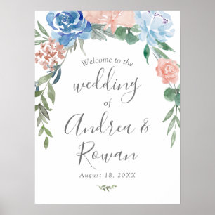 Affiche de bienvenue mariage Dusty Blue et rose Fl