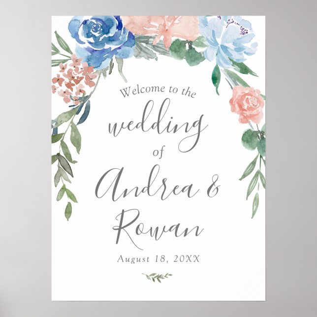 Affiche de bienvenue mariage Dusty Blue et rose Fl (Devant)