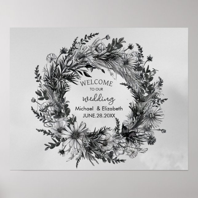 Affiche de bienvenue Mariage fleur sauvage noir et (Devant)
