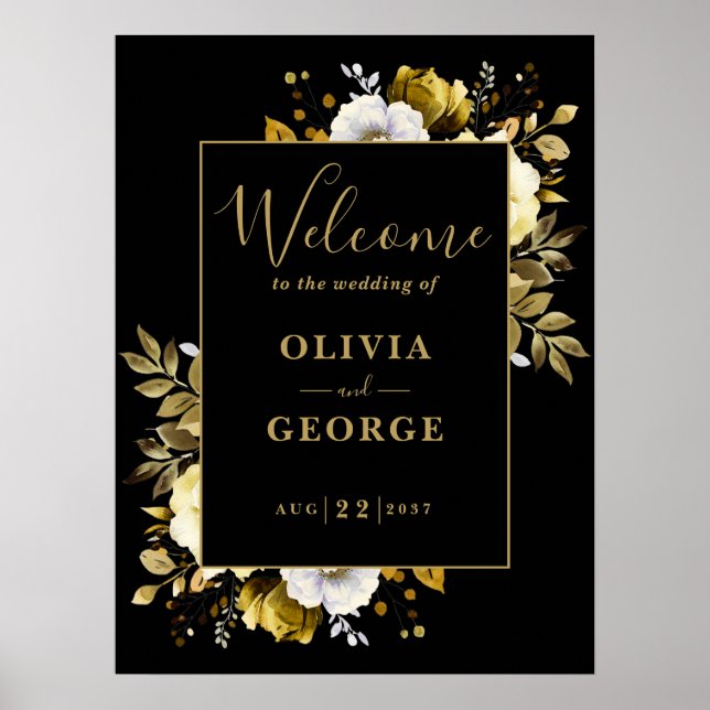Affiche de bienvenue Mariage Floral Noir Et Or (Devant)